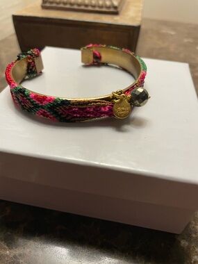 Gold-Tone Cuff Bracelet with Pink and Green Woven Thread